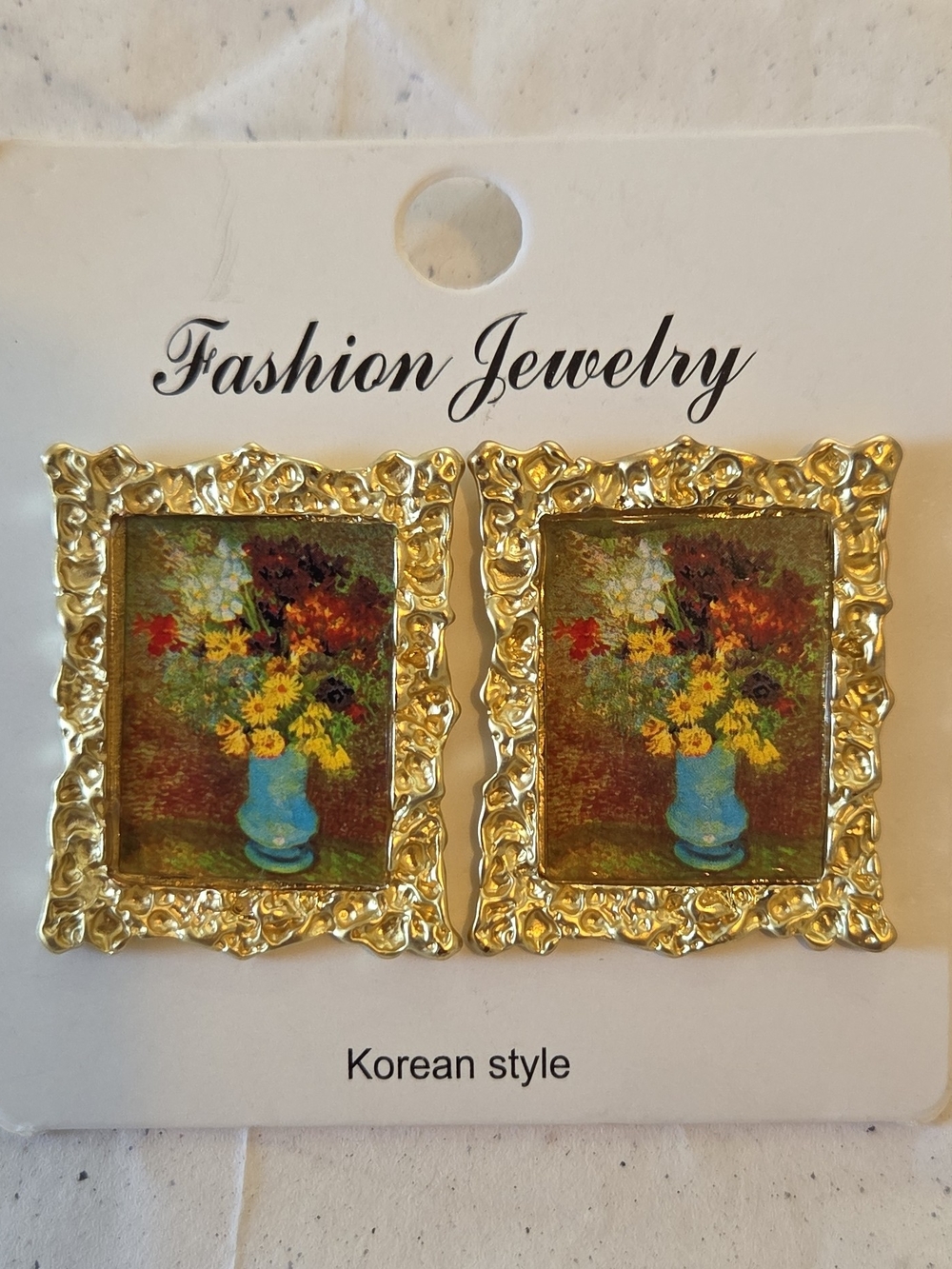 Fashion Jewelry Gold Floral Frame Earrings with Blue Vase Accents